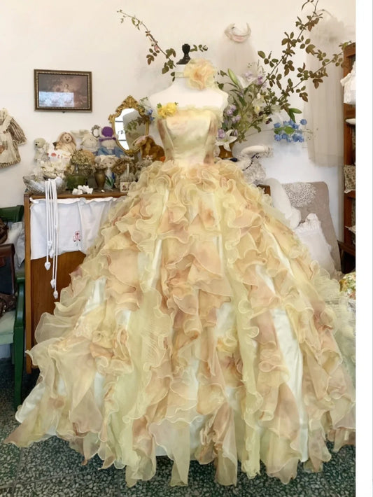 Sweet 16 Dress Ball Gown Strapless Gold Tulle With Tiered Vestido De 15 Sweet Sixteen Dress RB9629