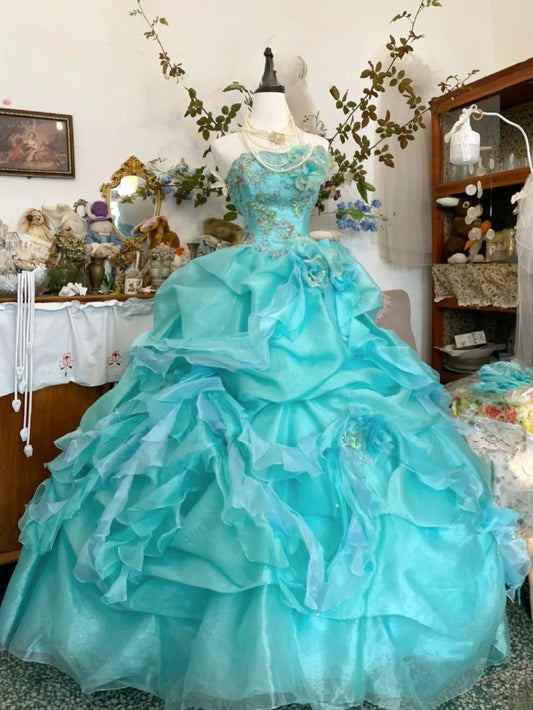 Sweet 16 Dress Ball Gown Strapless Blue Tulle With Tiered Vestido De 15 Sweet Sixteen Dress RB9631