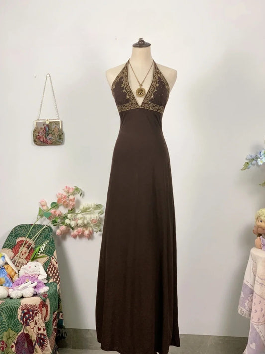 Elegant A Line Halter Brown Chiffon Long Prom Dress Floor Length Evening Party Gown RB9634