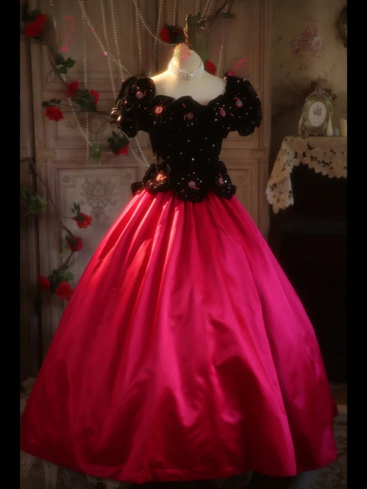 Sweet 16 Dress Ball Gown Square Neck Black Velvet Pink With Flowers Vestido De 15 Sweet Sixteen Dress RB9637