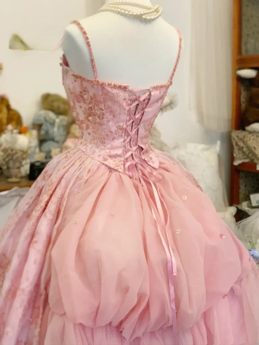 Sweet 16 Dress Ball Gown Pink Lace Spaghetti Straps Vestido De 15 Sweet Sixteen Dress RB9638