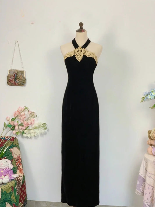 Elegant A Line Halter Black Velvet Long Prom Dress Floor Length Evening Party Gown RB9640