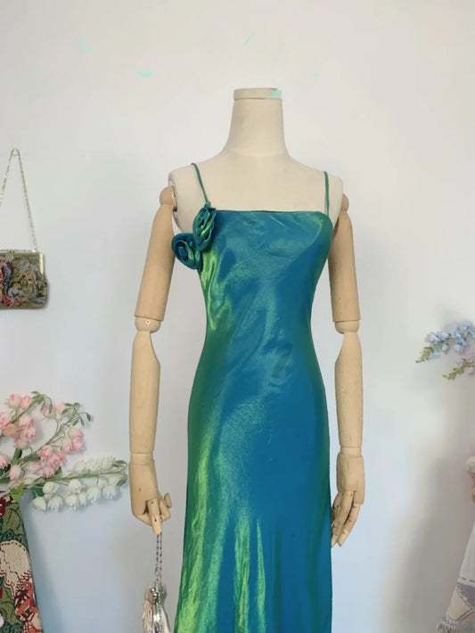 Elegant Mermaid Spaghetti Straps Satin Long Prom Dress Floor Length Evening Party Gown RB9642
