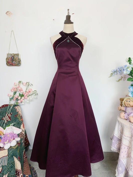 Elegant A Line Halter Burgundy Satin Long Prom Dress Floor Length Evening Party Gown RB9643