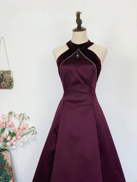 Elegant A Line Halter Burgundy Satin Long Prom Dress Floor Length Evening Party Gown RB9643