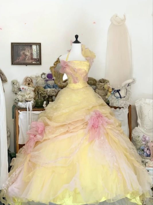 Sweet 16 Dress Ball Gown Halter Yellow With Flowers Vestido De 15 Sweet Sixteen Dress RB9645