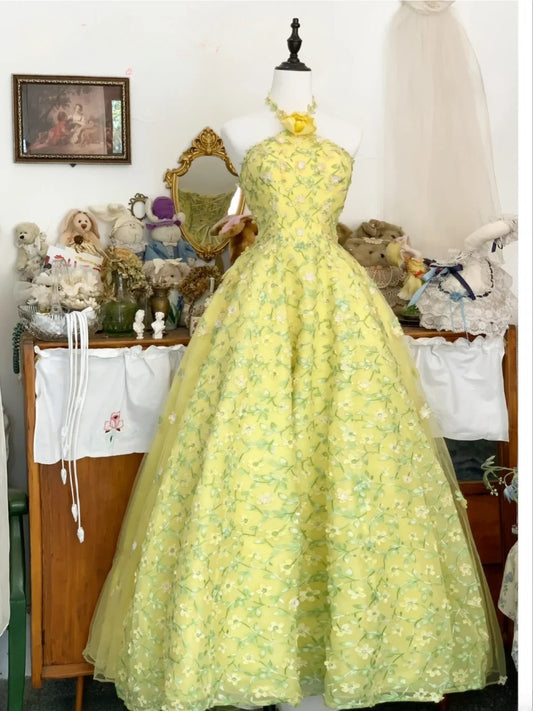 Sweet 16 Dress Ball Gown Halter Yellow With Flowers Lace Vestido De 15 Sweet Sixteen Dress RB9646