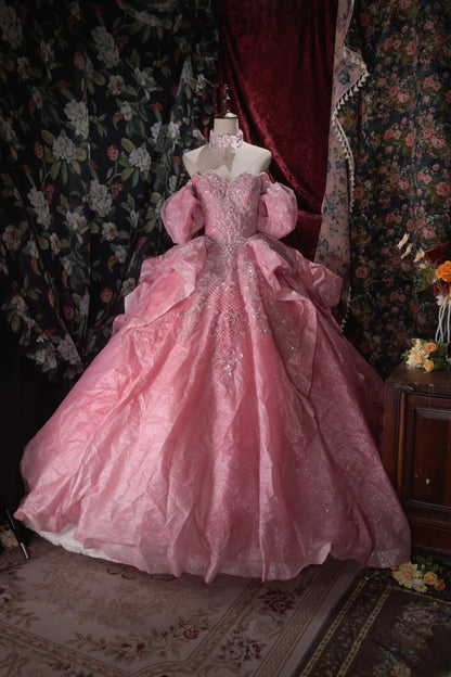 Charming Ball Gown Pink Sweetheart Quinceanera Dresses With Lace For Sweet 15 Anos Celebration Birthday Formal Gown RB8789