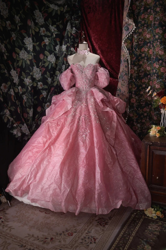 Charming Ball Gown Pink Sweetheart Quinceanera Dresses With Lace For Sweet 15 Anos Celebration Birthday Formal Gown RB8789