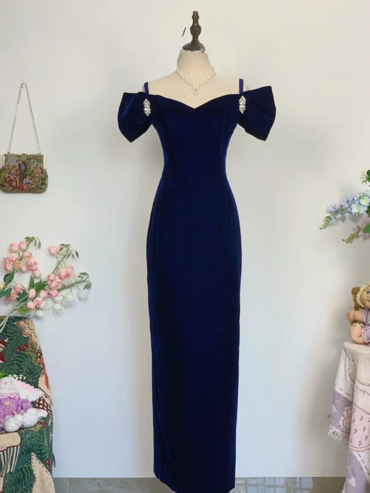 Elegant Sheath Spaghetti Straps Royal Blue Velvet Long Prom Dress Floor Length Evening Party Gown RB9649