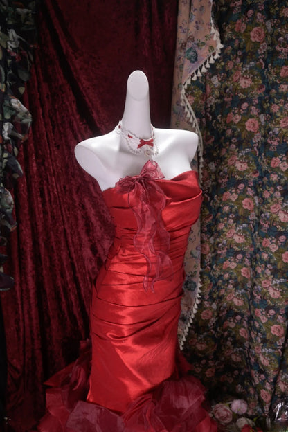 Sexy Mermaid Sweetheart Burgundy Satin Long Prom Dress Inspiration Party For Womens Formal Dresses RB8790