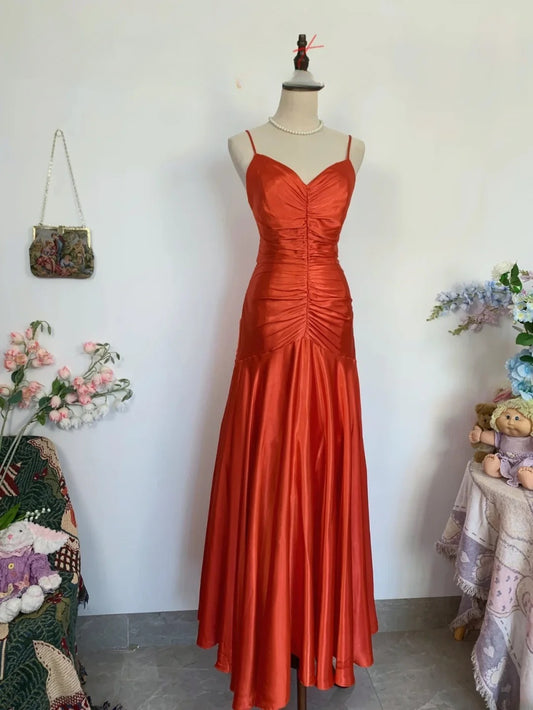 Elegant Mermaid Spaghetti Straps Orange Satin Long Prom Dress Floor Length Evening Party Gown RB9651