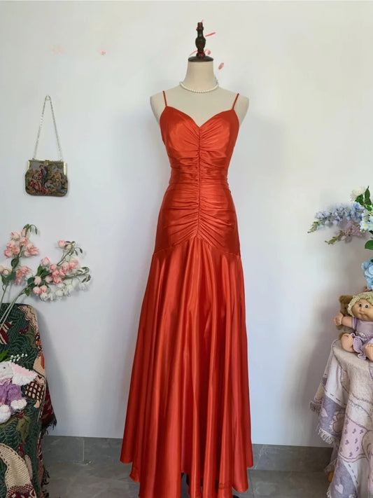 Elegant Mermaid Spaghetti Straps Orange Satin Long Prom Dress Floor Length Evening Party Gown RB9651