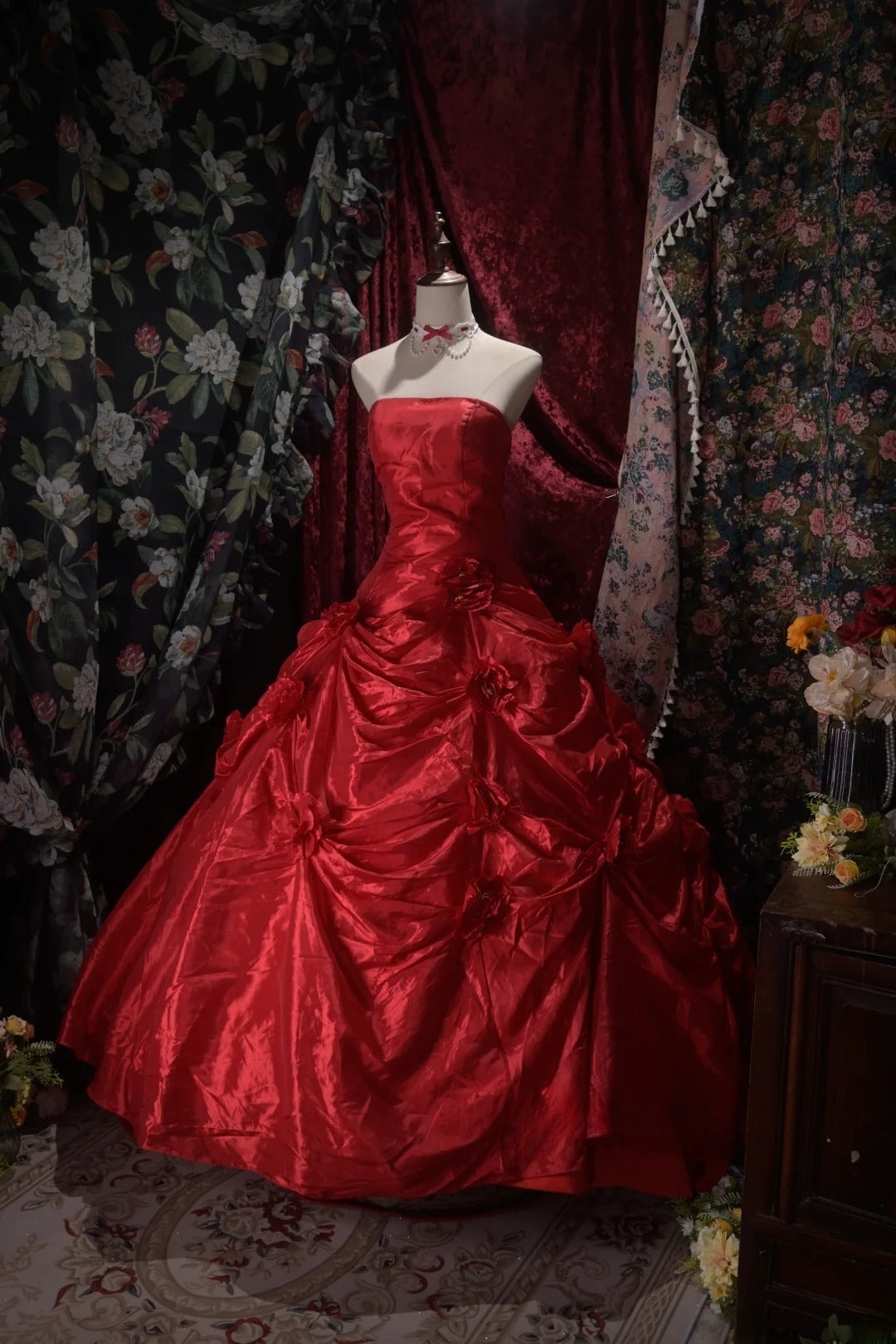 Pretty Ball Gown Burgundy Strapless Quinceanera Dresses Floral For Sweet 15 Anos Celebration Birthday Formal Gown RB8791