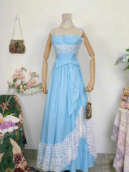 Elegant A Line Spaghetti Straps Blue Satin Long Prom Dress Floor Length Evening Party Gown RB9652