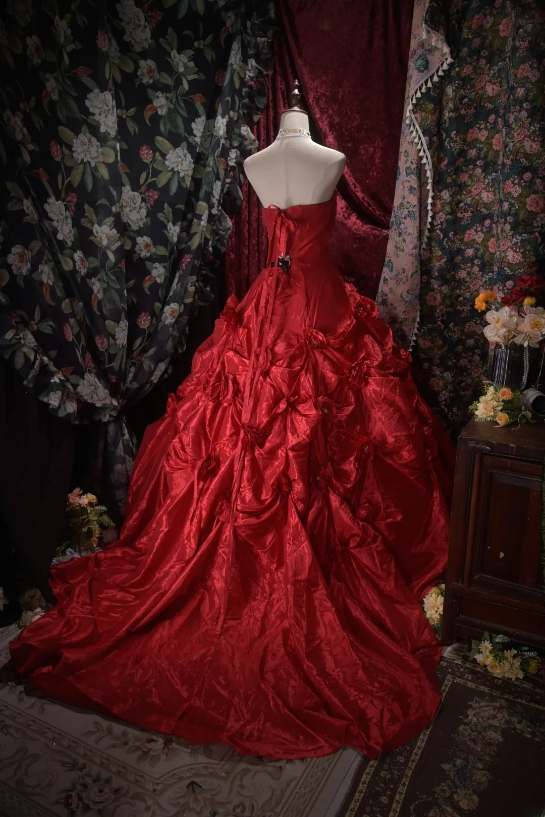 Pretty Ball Gown Burgundy Strapless Quinceanera Dresses Floral For Sweet 15 Anos Celebration Birthday Formal Gown RB8791