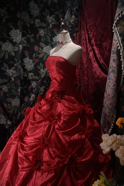 Pretty Ball Gown Burgundy Strapless Quinceanera Dresses Floral For Sweet 15 Anos Celebration Birthday Formal Gown RB8791