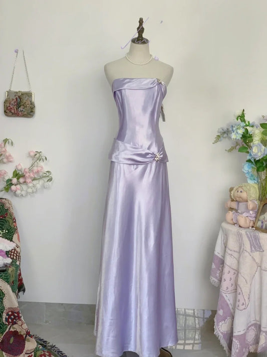Elegant A Line Strapless Lilac Satin Long Prom Dress Floor Length Evening Party Gown RB9655