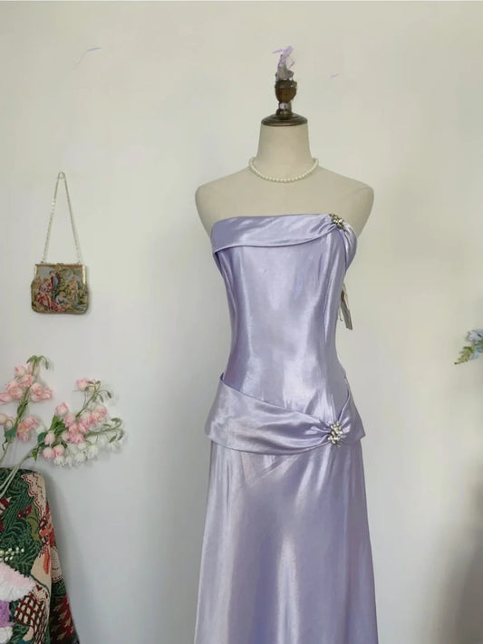 Elegant A Line Strapless Lilac Satin Long Prom Dress Floor Length Evening Party Gown RB9655