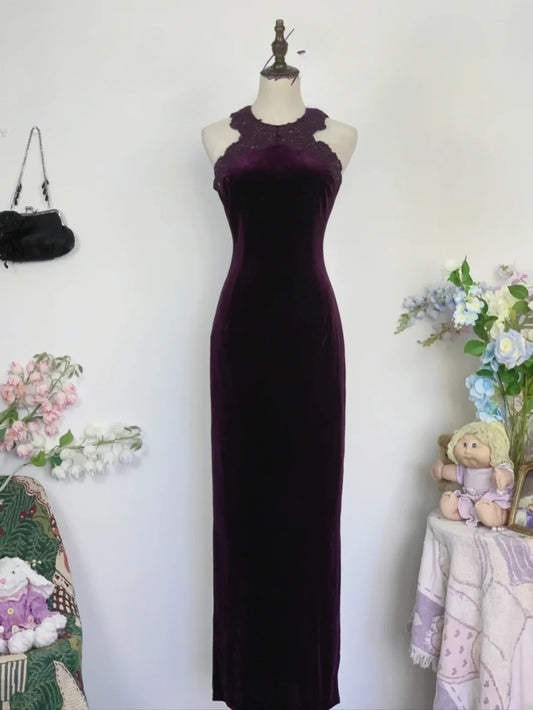 Elegant Sheath Grape Velvet Long Prom Dress Floor Length Evening Party Gown RB9656