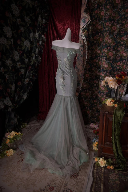 Sexy Mermaid Off The Shoulder Gray Long Prom Dress Inspiration Party For Womens Formal Dresses RB8793