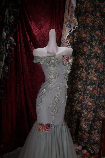 Sexy Mermaid Off The Shoulder Gray Long Prom Dress Inspiration Party For Womens Formal Dresses RB8793