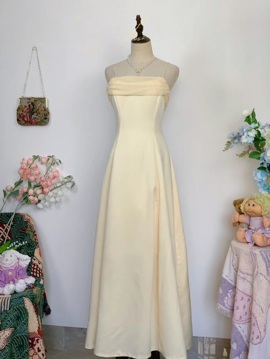 Elegant A Line Spaghetti Straps Yellow Chiffon Long Prom Dress Floor Length Evening Party Gown RB9660
