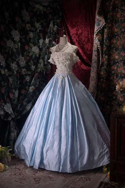 Charming Ball Gown Off The Shoulder Blue Quinceanera Dresses With Flowers For Sweet 15 Anos Celebration Birthday Formal Gown RB8794