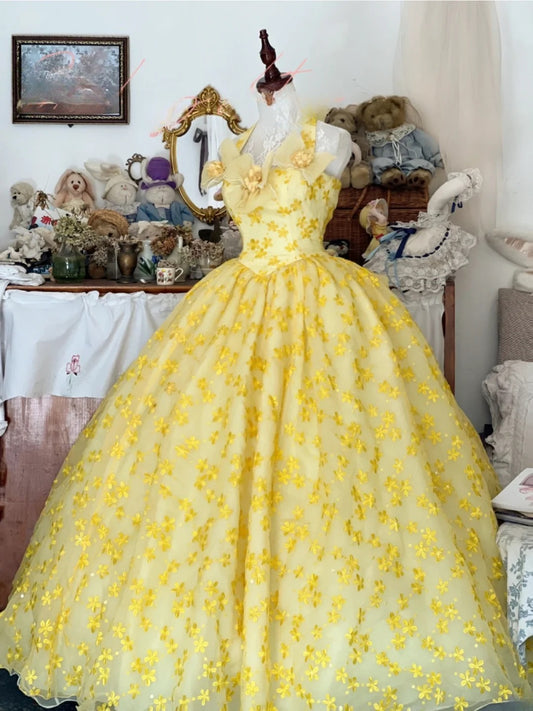 Sweet 16 Dress Ball Gown Halter Yellow Floral Lace Vestido De 15 Sweet Sixteen Dress RB9661