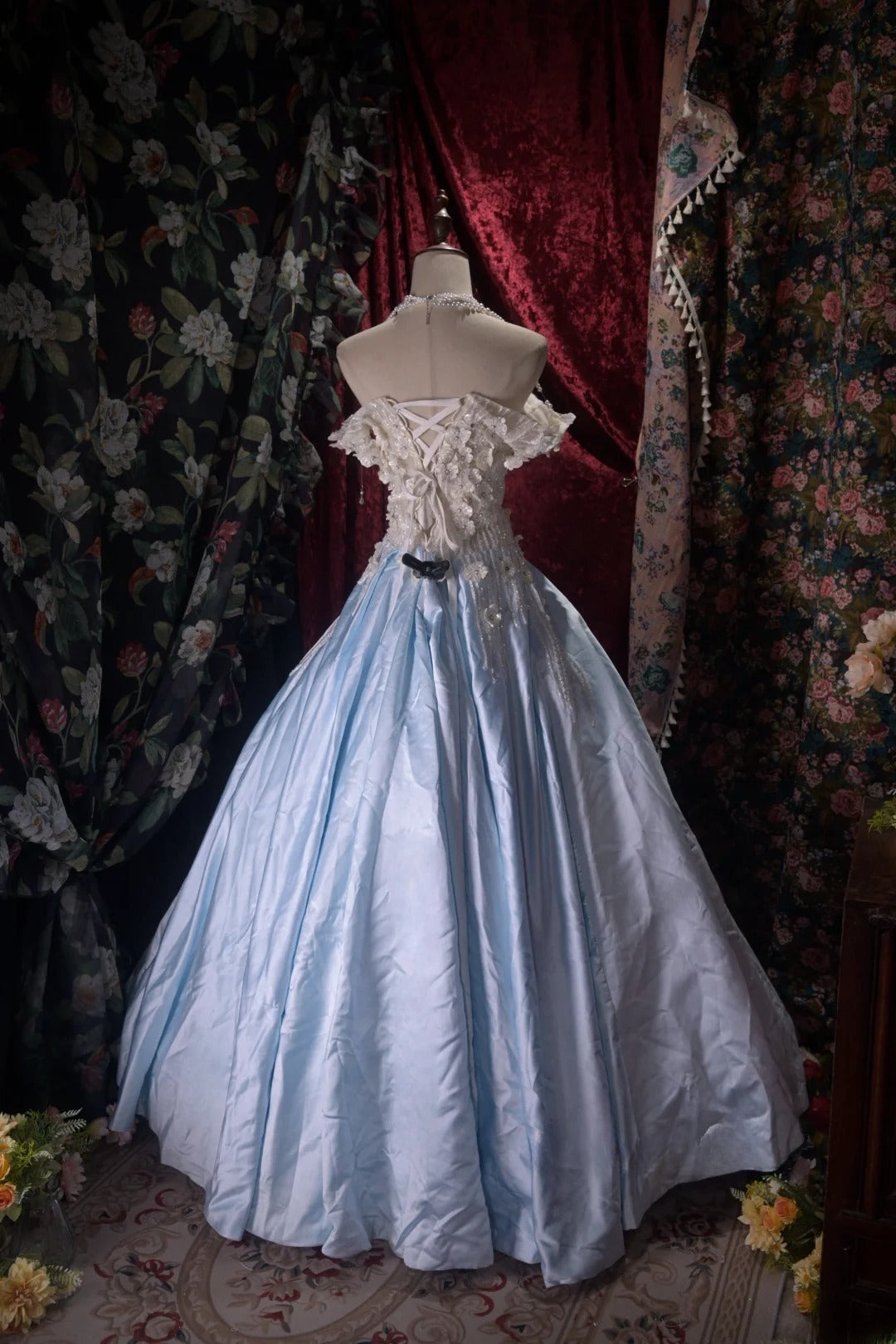 Charming Ball Gown Off The Shoulder Blue Quinceanera Dresses With Flowers For Sweet 15 Anos Celebration Birthday Formal Gown RB8794