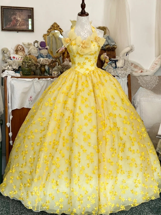Sweet 16 Dress Ball Gown Halter Yellow Floral Lace Vestido De 15 Sweet Sixteen Dress RB9661