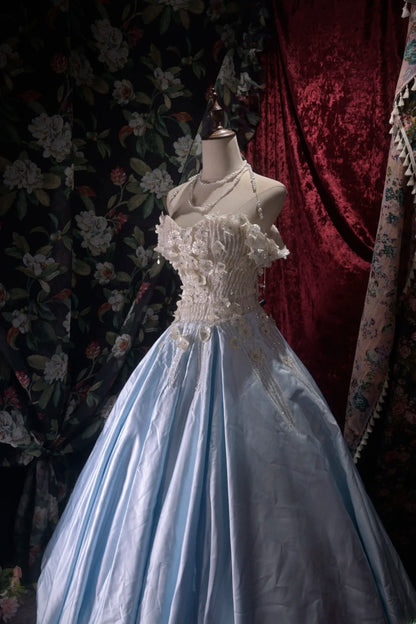 Charming Ball Gown Off The Shoulder Blue Quinceanera Dresses With Flowers For Sweet 15 Anos Celebration Birthday Formal Gown RB8794