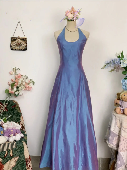 Elegant A Line Halter Lilac Satin Long Prom Dress Floor Length Evening Party Gown RB9664