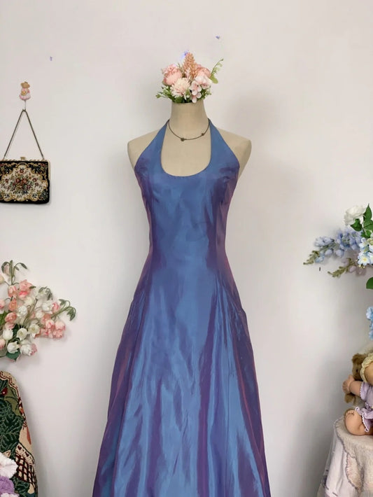 Elegant A Line Halter Lilac Satin Long Prom Dress Floor Length Evening Party Gown RB9664