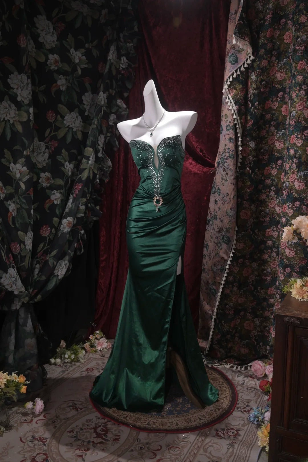 Sexy Mermaid Dark Green Satin Long Prom Dress Inspiration Party For Womens Formal Dresses RB8799