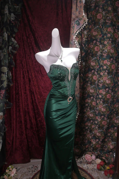 Sexy Mermaid Dark Green Satin Long Prom Dress Inspiration Party For Womens Formal Dresses RB8799
