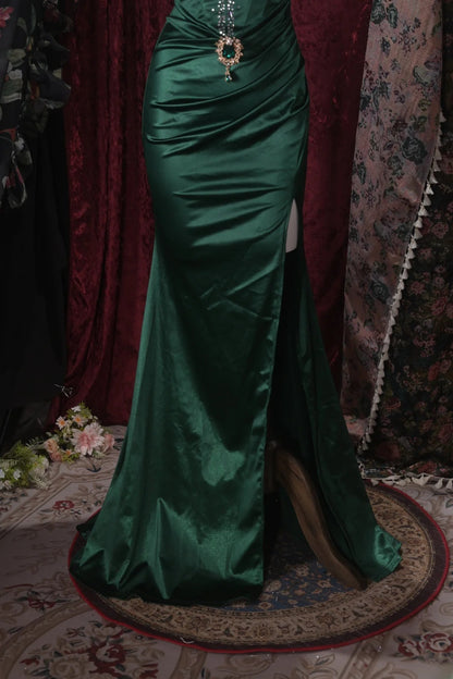 Sexy Mermaid Dark Green Satin Long Prom Dress Inspiration Party For Womens Formal Dresses RB8799