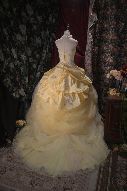 Charming Ball Gown Strapless Yellow Tulle Quinceanera Dresses With Lace For Sweet 15 Anos Celebration Birthday Formal Gown RB8797