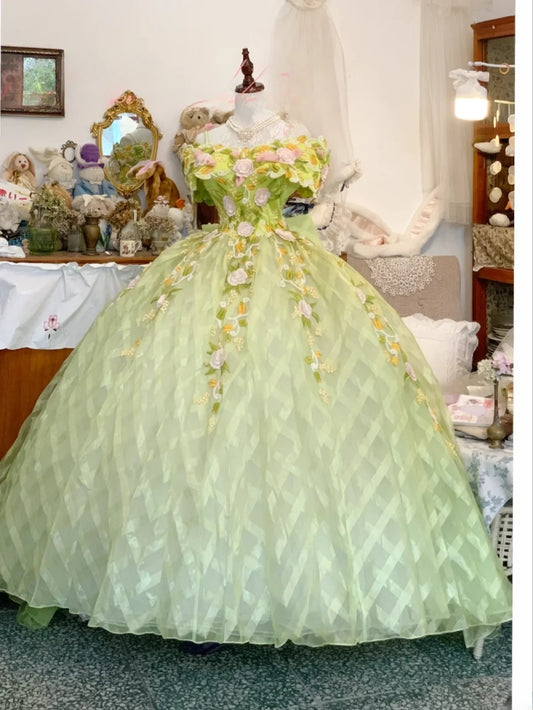 Sweet 16 Dress Ball Gown Green Off Shoulder Floral Lace Vestido De 15 Sweet Sixteen Dress RB9670
