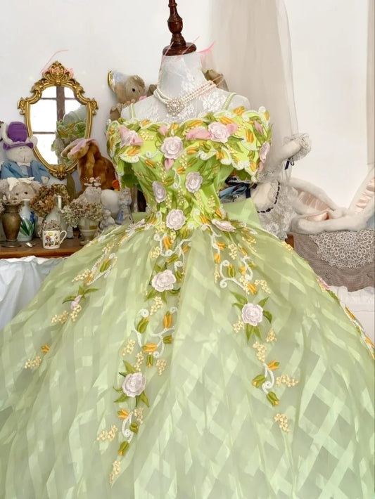 Sweet 16 Dress Ball Gown Green Off Shoulder Floral Lace Vestido De 15 Sweet Sixteen Dress RB9670
