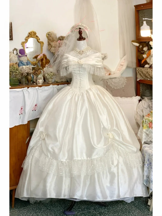 Vintage Wedding Dress Ball Gown Off Shoulder Satin With Sleeves Lace White Bridal Gown for Big Day RB9672