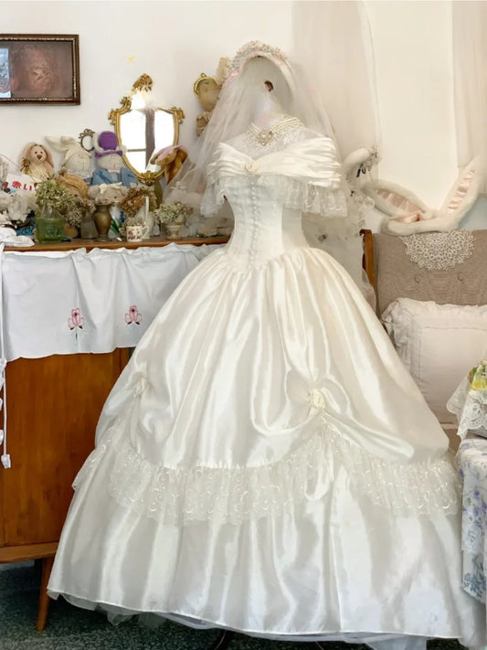 Vintage Wedding Dress Ball Gown Off Shoulder Satin With Sleeves Lace White Bridal Gown for Big Day RB9672