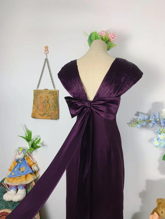 Elegant Sheath Purple Satin Long Prom Dress Floor Length Evening Party Gown RB9674