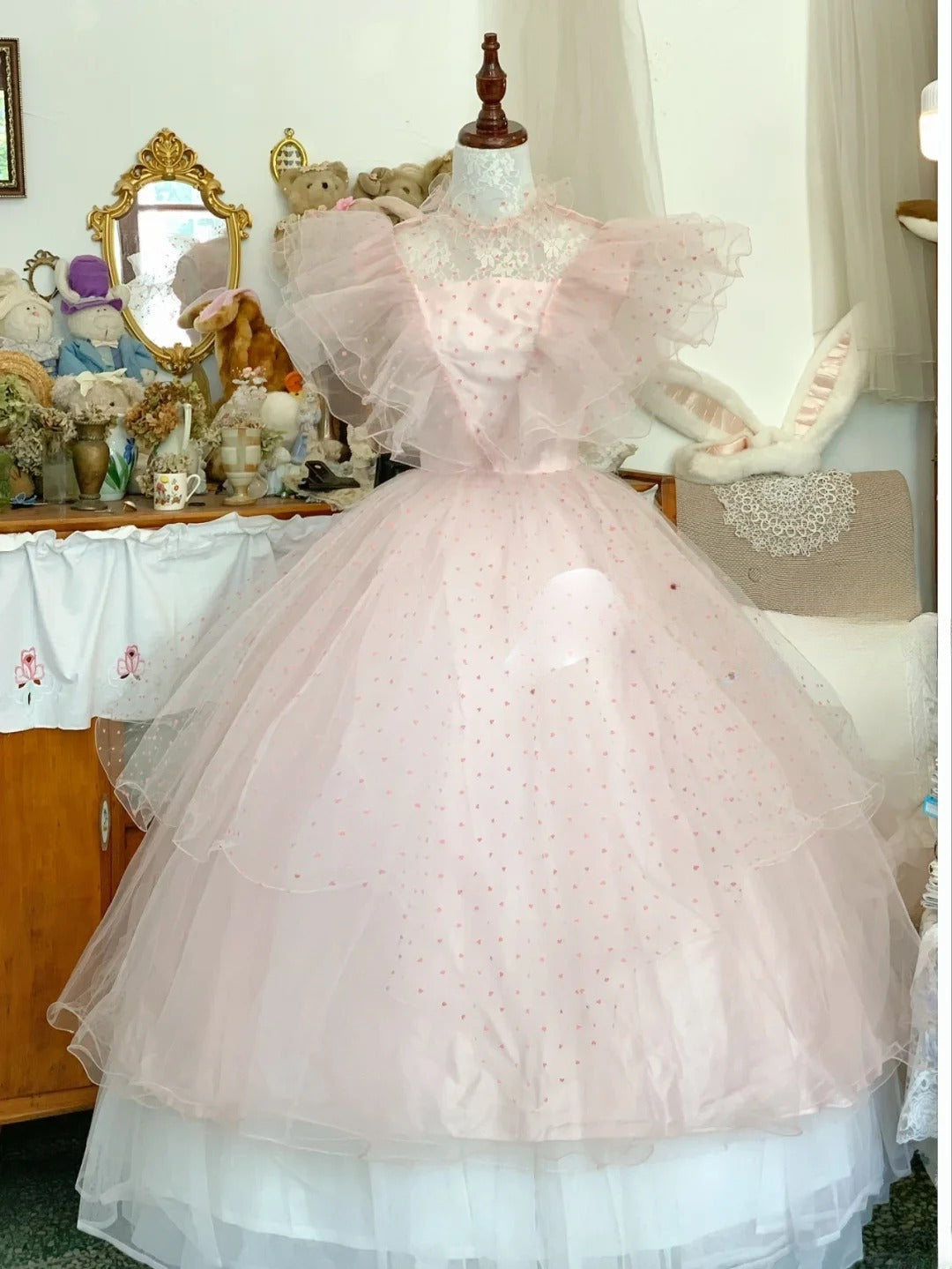 Pink Sweet 16 Dress Tulle Ballgown High Neck Polka Dots Sweet Sixteen Dress With Ruffled RB9676