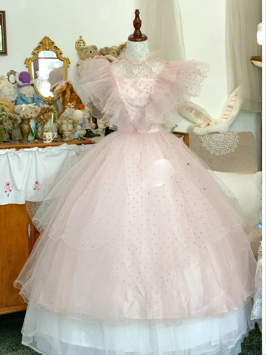 Pink Sweet 16 Dress Tulle Ballgown High Neck Polka Dots Sweet Sixteen Dress With Ruffled RB9676