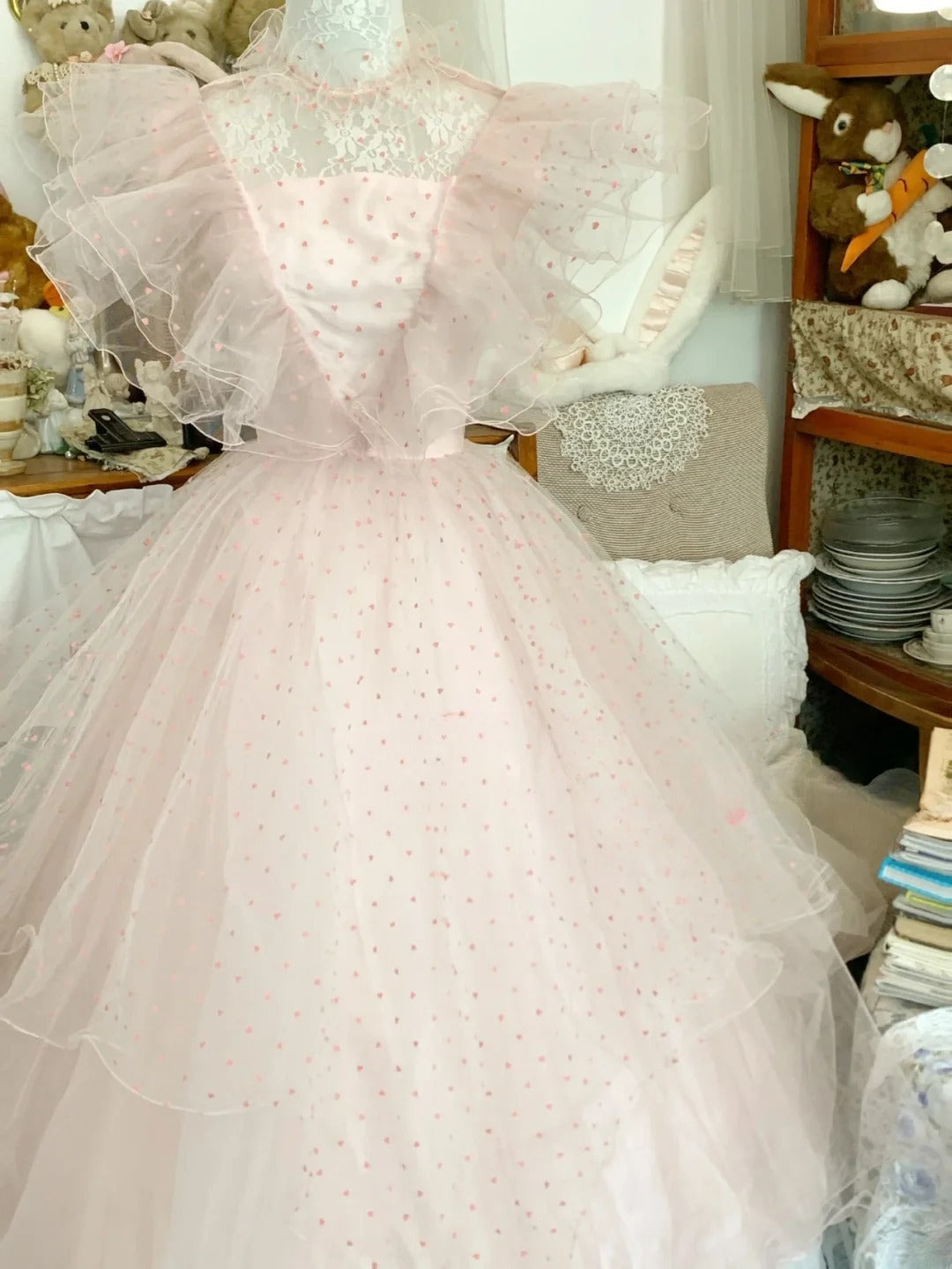 Pink Sweet 16 Dress Tulle Ballgown High Neck Polka Dots Sweet Sixteen Dress With Ruffled RB9676
