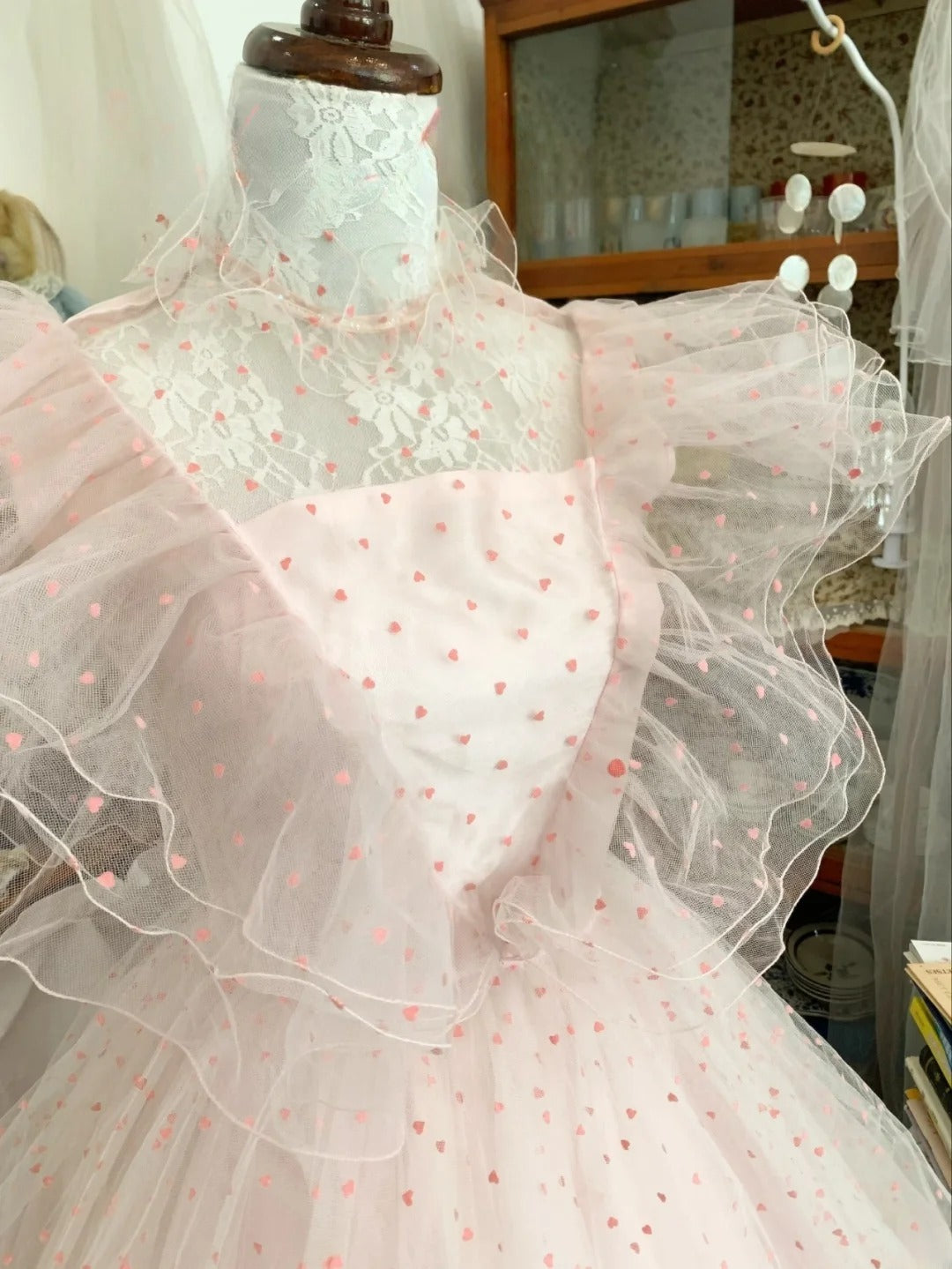 Pink Sweet 16 Dress Tulle Ballgown High Neck Polka Dots Sweet Sixteen Dress With Ruffled RB9676