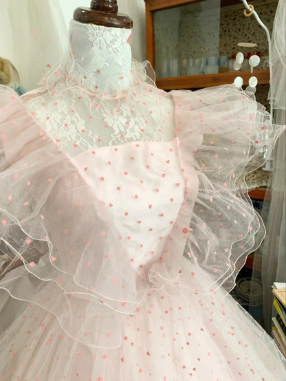 Pink Sweet 16 Dress Tulle Ballgown High Neck Polka Dots Sweet Sixteen Dress With Ruffled RB9676