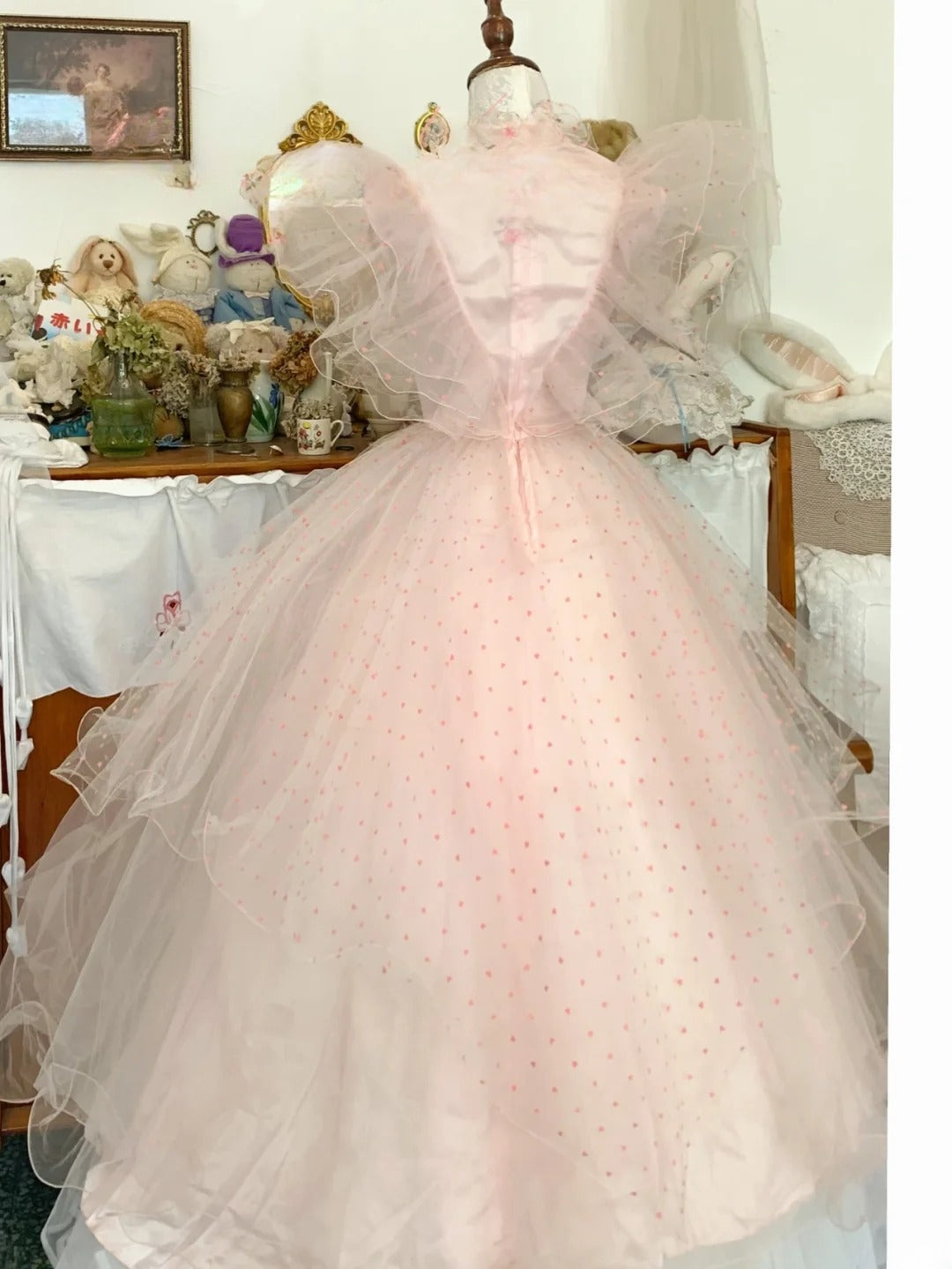 Pink Sweet 16 Dress Tulle Ballgown High Neck Polka Dots Sweet Sixteen Dress With Ruffled RB9676