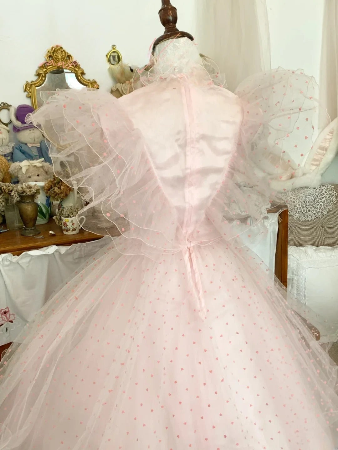 Pink Sweet 16 Dress Tulle Ballgown High Neck Polka Dots Sweet Sixteen Dress With Ruffled RB9676
